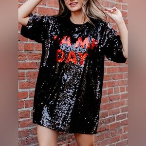 Sequin Black and Red Graphic Game day shirt Dress